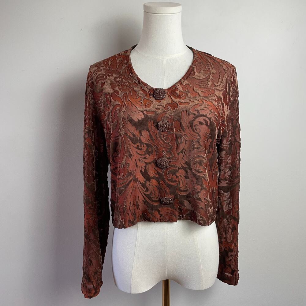 Vintage 90s Velvet Burnout Brown Top Medium‎ Cropped Fairy Grunge Whimsigoth